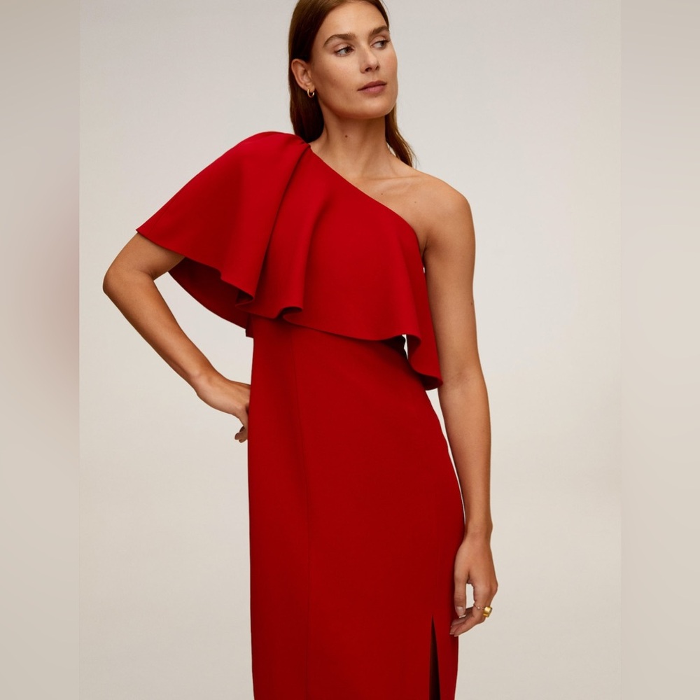 Mango - one shoulder midi dress with side slit in red. Size 6 US